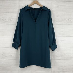 Zara Pullover Collared‎ Shirt Dress Women L Teal Shift Long Sleeves V Neck